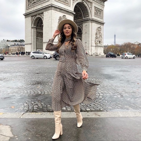 NWT Zara Brown Print Midi Dress Size XL Stunner! Bow Tie shirt dress long sleeve - Picture 13 of 16